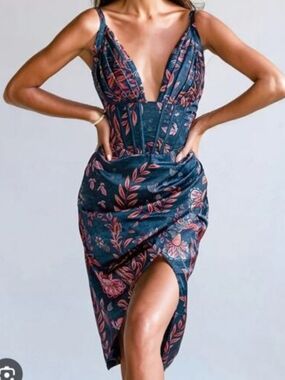 Averie Navy Midi Dress with Coral Floral Print L